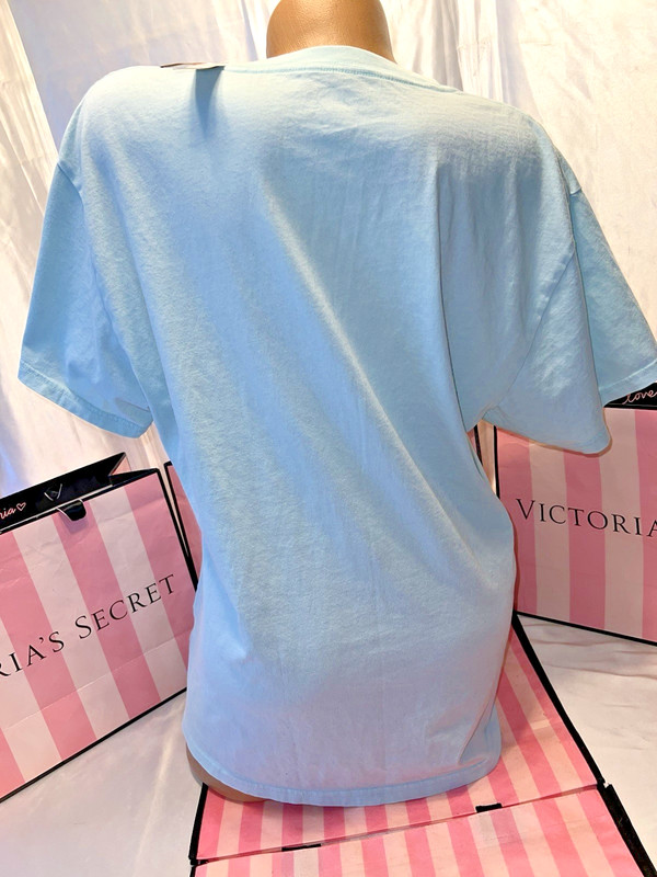 Victorias Secret PINK Boyfriend T-Shirt Large Script Crescent Logo Blue gallery