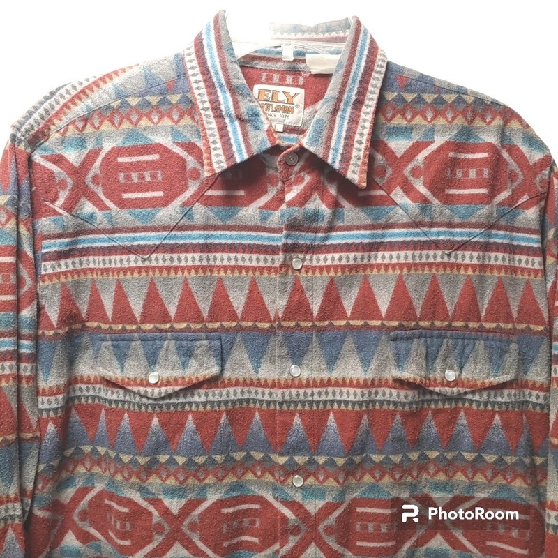 Ely Cattleman Aztec Pearl Snap Flannel Shirt Large Southwestern Western Striped gallery