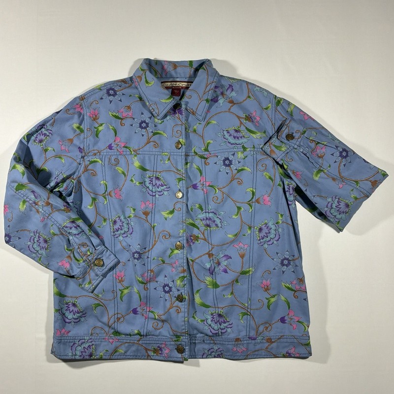 Tudor Court Haband Womens L Floral Botanical Jacket Periwinkle Vintage Cotton gallery