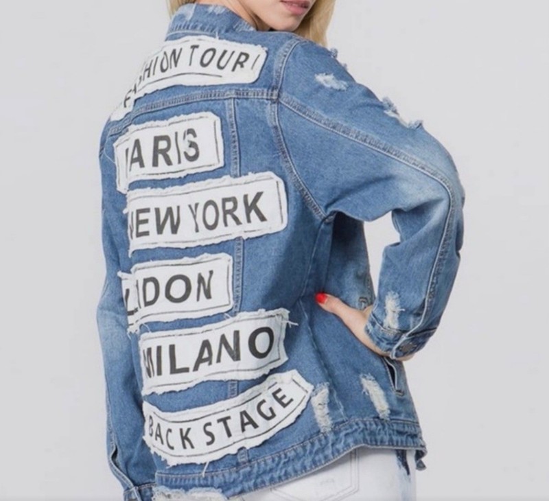 Unknown Factory Women's Blue Distressed Denim Patch Jacket M Button Mid-Length gallery
