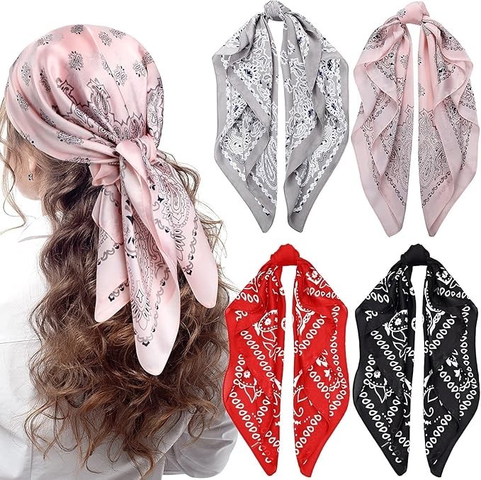 4 Pcs 27” Square Satin Bandanas for Women, Paisley Head Scarves Neck Hair Wrap