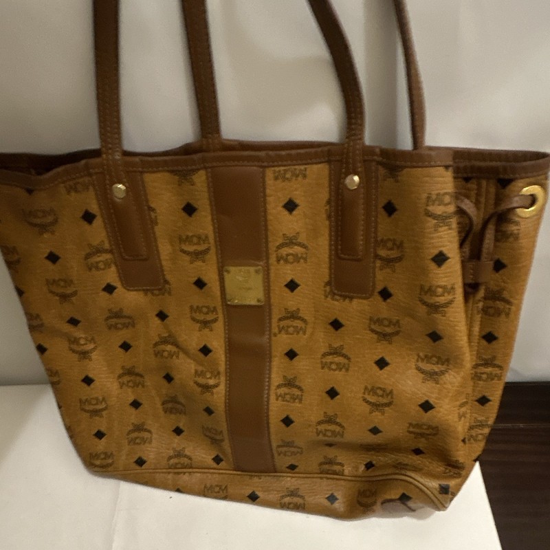 MCM Brown Monogram Tote Shoulder Bag Drawstring Sides Gold Hardware Double