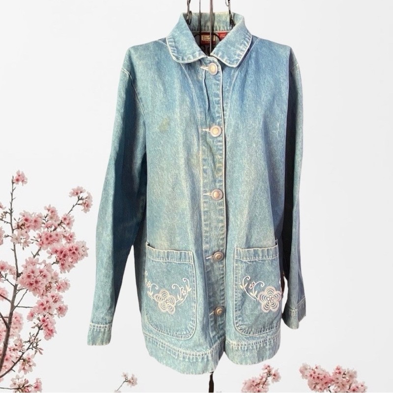 Vintage Tudor Court Embroidered Floral Denim Jacket Chore Coat Blue Size Large