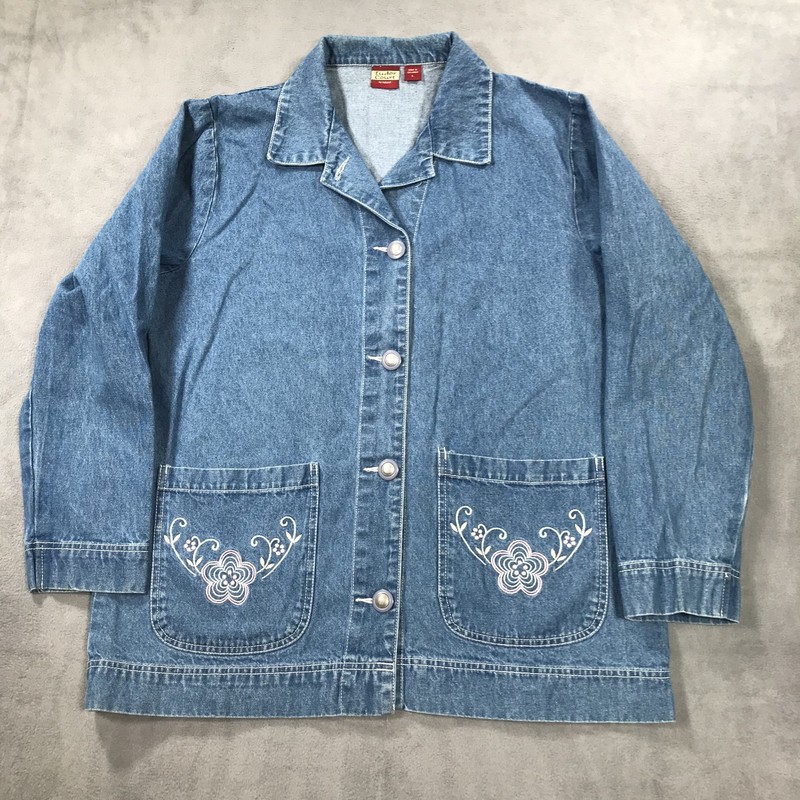 Vintage Chore Coat Barn Jacket Women’s Large Blue Denim Tudor Court 90s Flowers