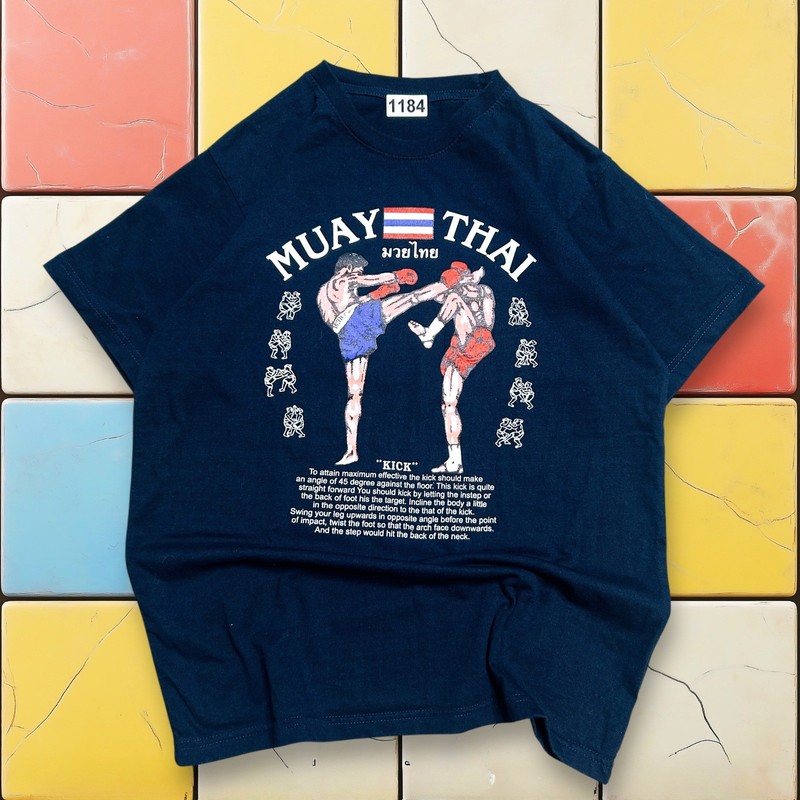 VTG Muay Thai Y2K Kick Boxing Shirt Men S Navy MMA Thailand Tee Kick Leeson