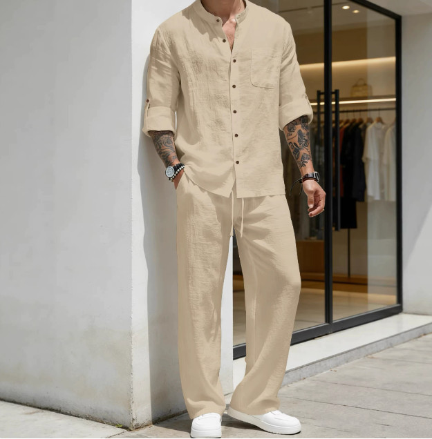 Mens 2-Piece Linen Blend Outfit Set Long Sleeve Henley Shirt and Pants Casual gallery