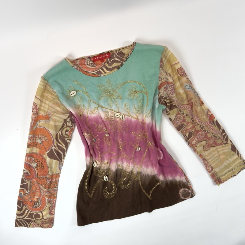 Euro Vintage Rene Derhy Pink & Brown Embroidered Seashell Mesh Blouse Size L