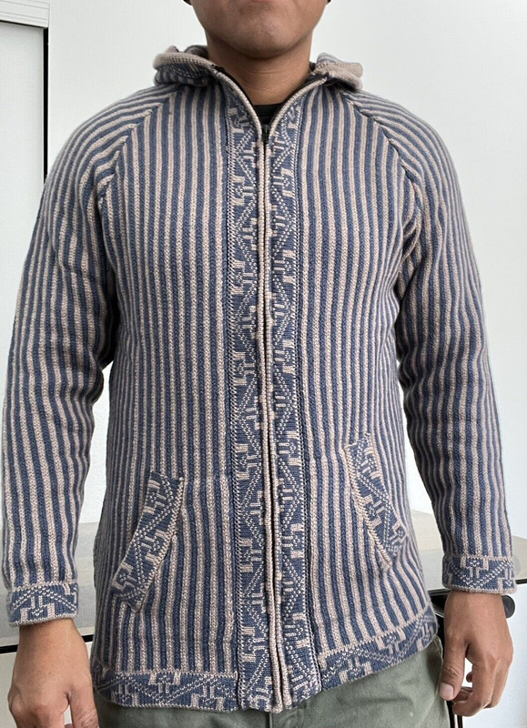 Real Handmade Blue w Light brown Andean Full Zip Alpaca Hoodie Sweater