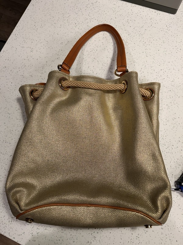 MICHAEL KORS . Marina Metallic Gold Canvas Drawstring Handbag Purse Tote gallery