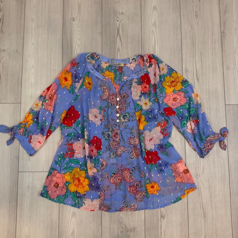 Figueroa & Flower Blue Floral Paisley Gold Metallic Blouse 2X EVE3647WC
