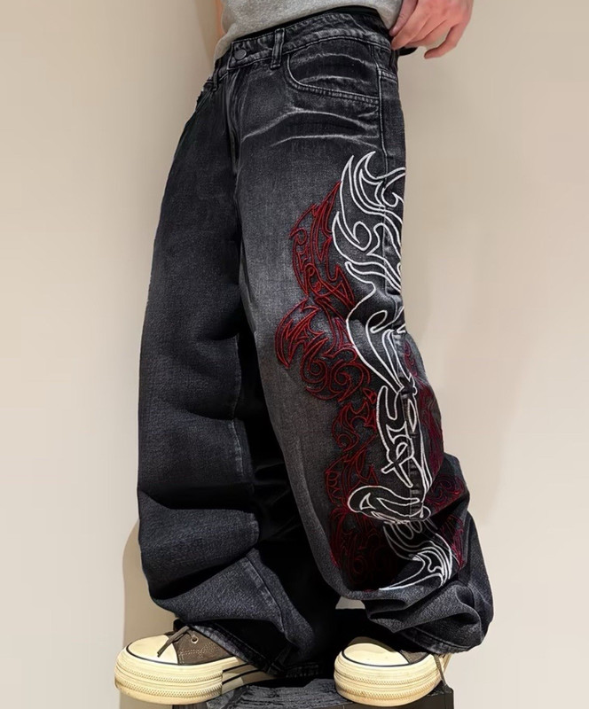 Men’s Black Dark Wash Wide-Leg Denim Jeans Relaxed Fit Tribal Embroidered