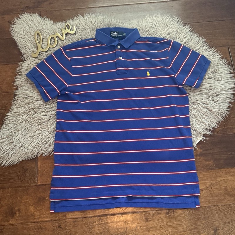 Polo Ralph Lauren Polo Shirt Mens Blue With Red White Stripe Yellow Pony L USA