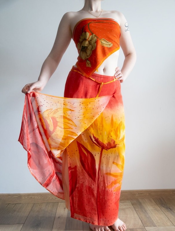 Hucke Vintage Sunflower Maxi Skirt Vibrant Orange & Red Summer Wrap Look Size L