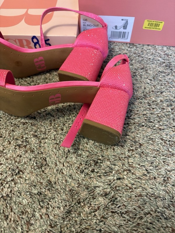 GB Hot Pink Rhinestone Ankle Strap Strappy Open Toe Block Heel Sandals US 8.5 gallery