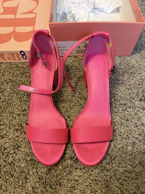 GB Hot Pink Rhinestone Ankle Strap Strappy Open Toe Block Heel Sandals US 8.5 gallery