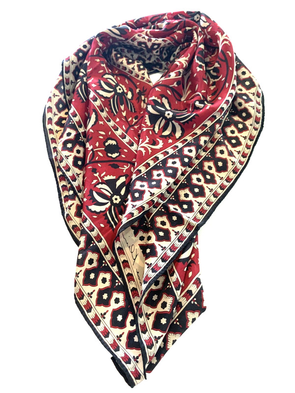 ANNE KLEIN Vera Scarf 100% SILK Burgundy Beige Black Floral Pattern 30″ x 31″