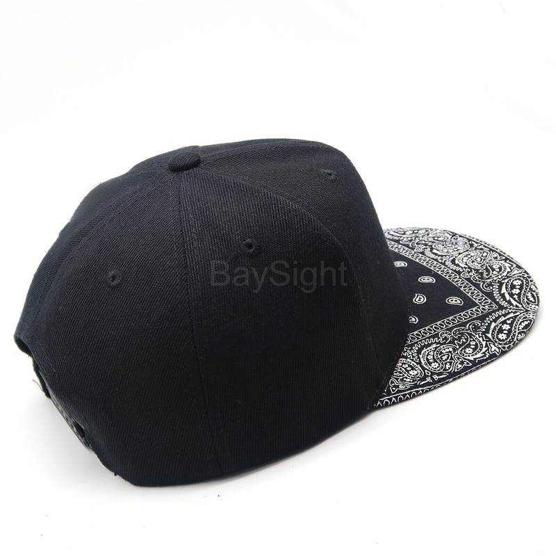 Mens Baseball Cap Snapback Adjustable Bandana Paisley Hat Solid Black Flat Bill gallery