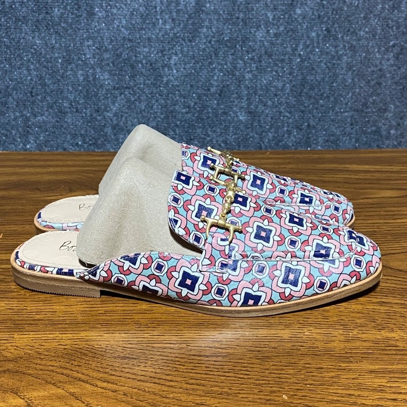 Boden Pink Blue Geometric Tile Print Leather Horsebit Mules Loafers EU38 W7 New gallery