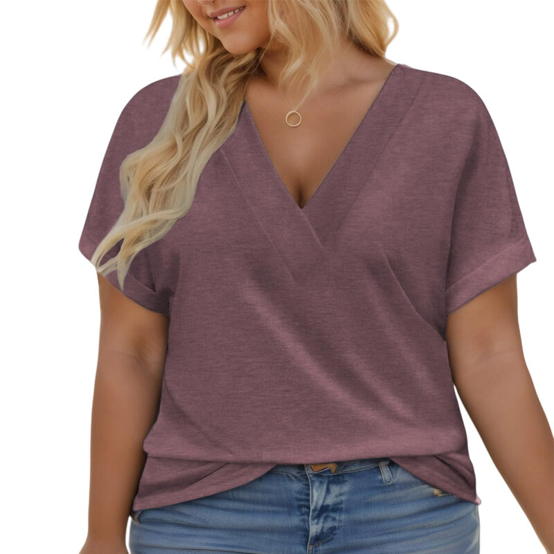 Trendy Summer Tops, Plus Size Women V Neck Rolled Sleeve Tees gallery