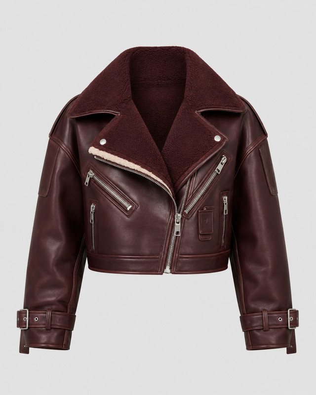 Womens Burgundy Genuine Leather Cropped Biker Jacket Shearling Collar