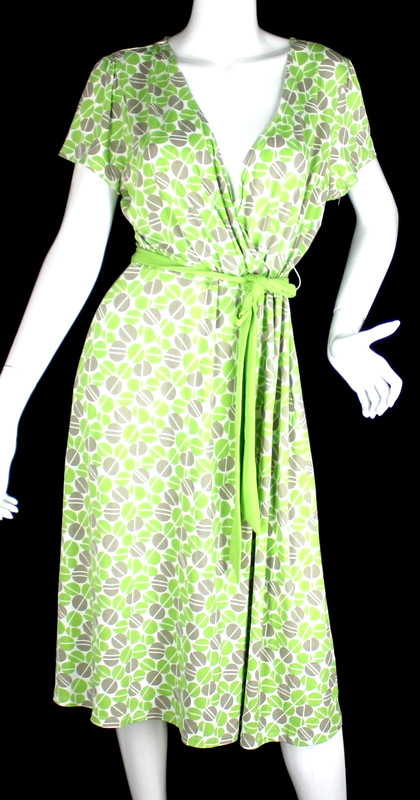 {Merona} Dress Sz. L Green/Gray/White Pattern Jersey Stretch Summer Tie