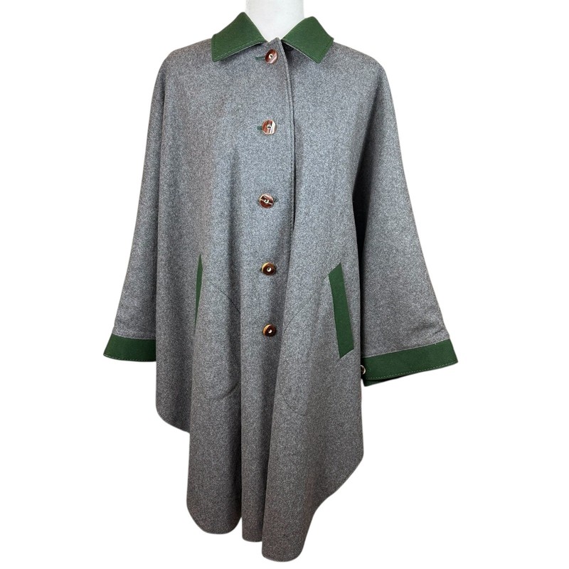 Vintage Loden-Frey Austrian Wool CapeCoat Gray Green Trim Christa Moden Tirol
