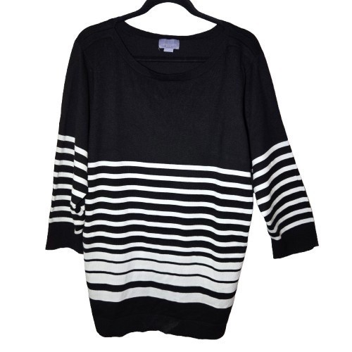 Laura Scott Black White Striped 3/4-Sleeve Boat Neck Pullover Sweater 3X