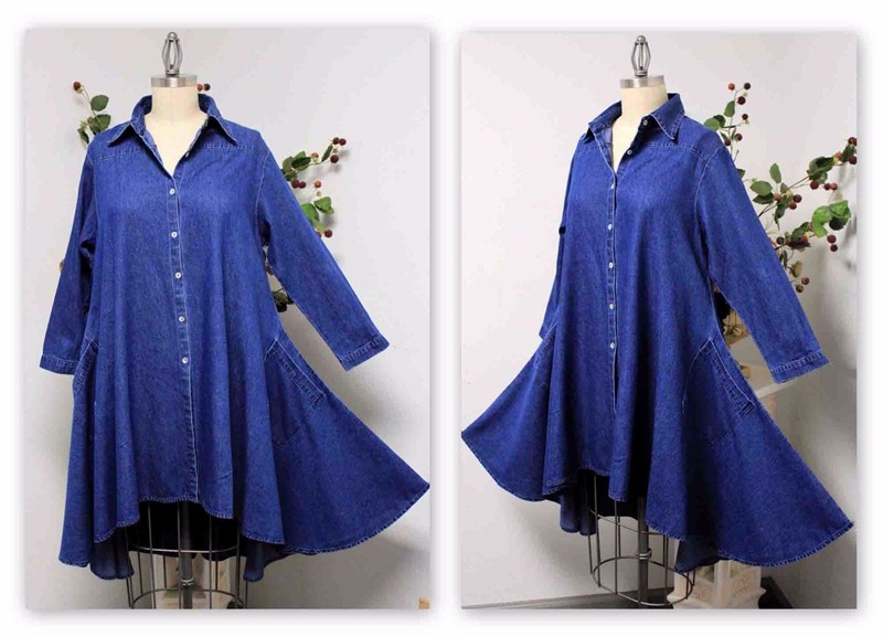 ELegant European Style Boho, Denim Designer Hi Low Plus Size Shirt,Small to 3XL