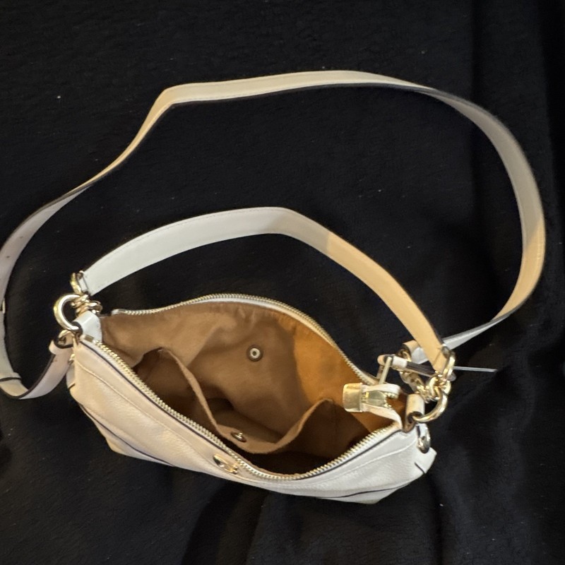 Coach Ivory Pebbled Small Shoulder Bag Zip Top Gold Hardware Strap, Pockets gallery