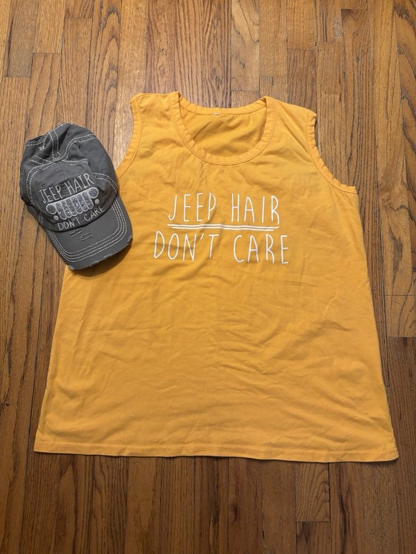 Women’s “Jeep Hair Don’t Care” Graphic Yellow Tank Top XXL Scoop Neck + Jeep Hat
