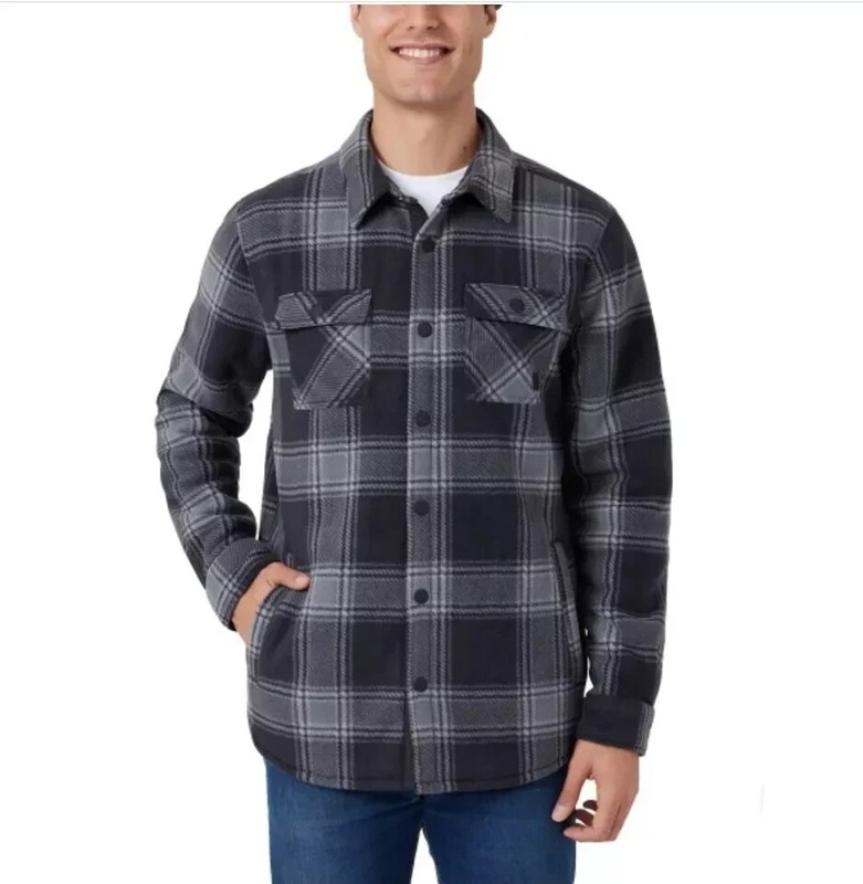VOYAGER Men's Heavyweight Polar Fleece Shirt Jacket Sherpa Lined Black Plaid, XL gallery