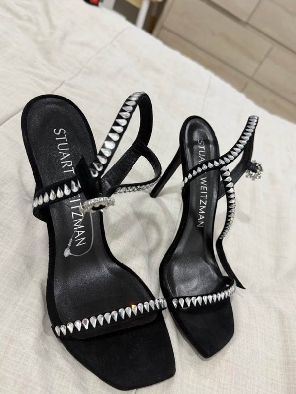 Stuart Weitzman Women’s Black Suede Strappy Ankle Strap Rhinestone Heel US 8