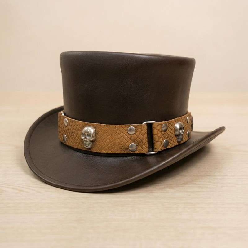 Handmade Black Leather Skull Top Hat Snakeskin Band Silver Rivets Gothic - New gallery