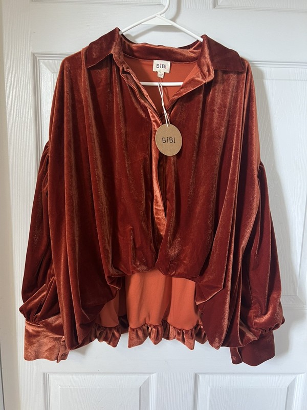 Bibi Velvet High/low Draped Long Sleeve Blouse In a burnt orange color.