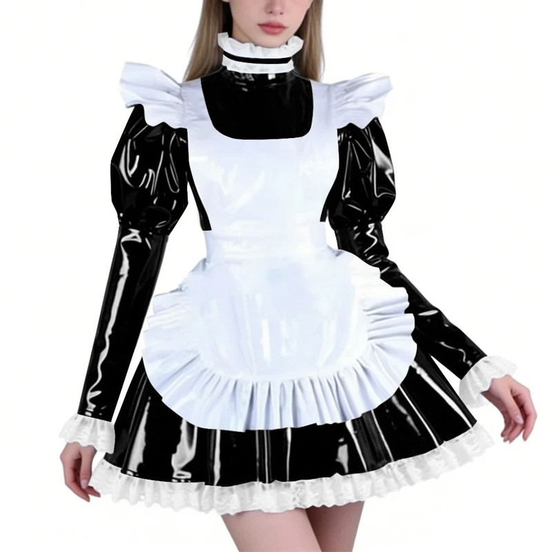 PVC Maid Lolita High Neck Dress with Puff Sleeve Lockable Cosplay A-line Dress