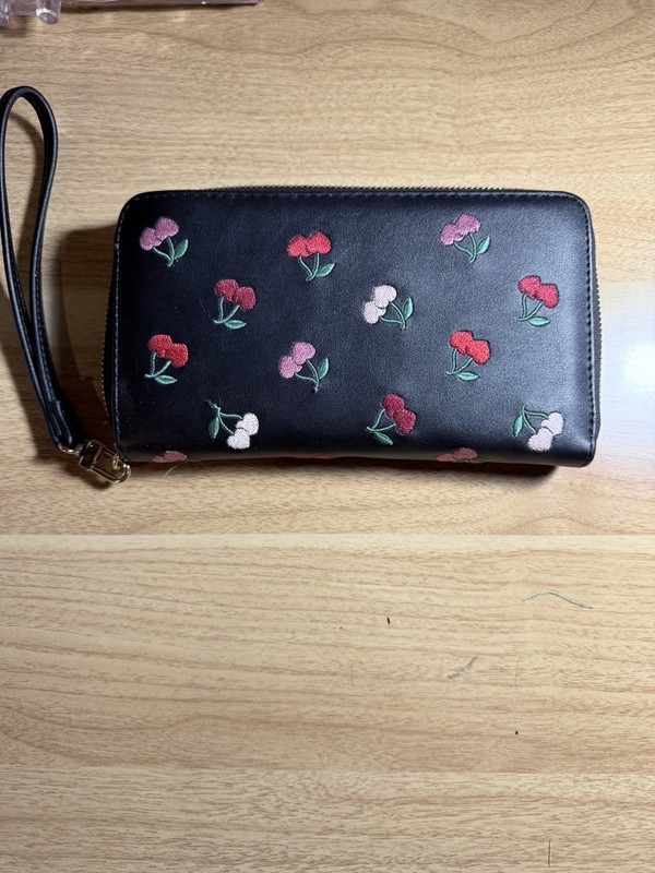 Betsey Johnson Black Embroidered Cherry Zip-Around Wristlet Wallet Card Slots gallery
