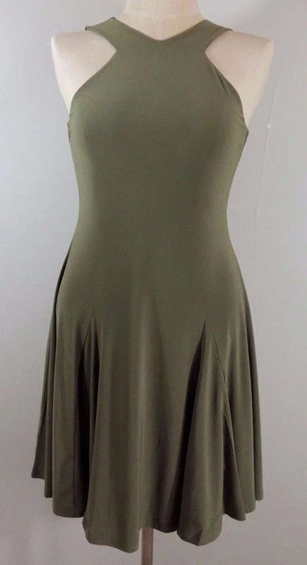 $140 Ralph Lauren A-Line Halter Neck Jersey Ruffled Dress Olive Petite P M PM gallery