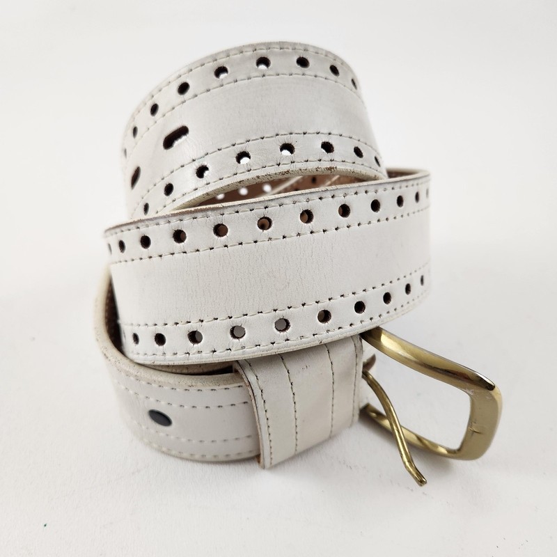 Full Grain Harness Cowhide Belt Mens 34 White Perforated Leather Brass Buckle