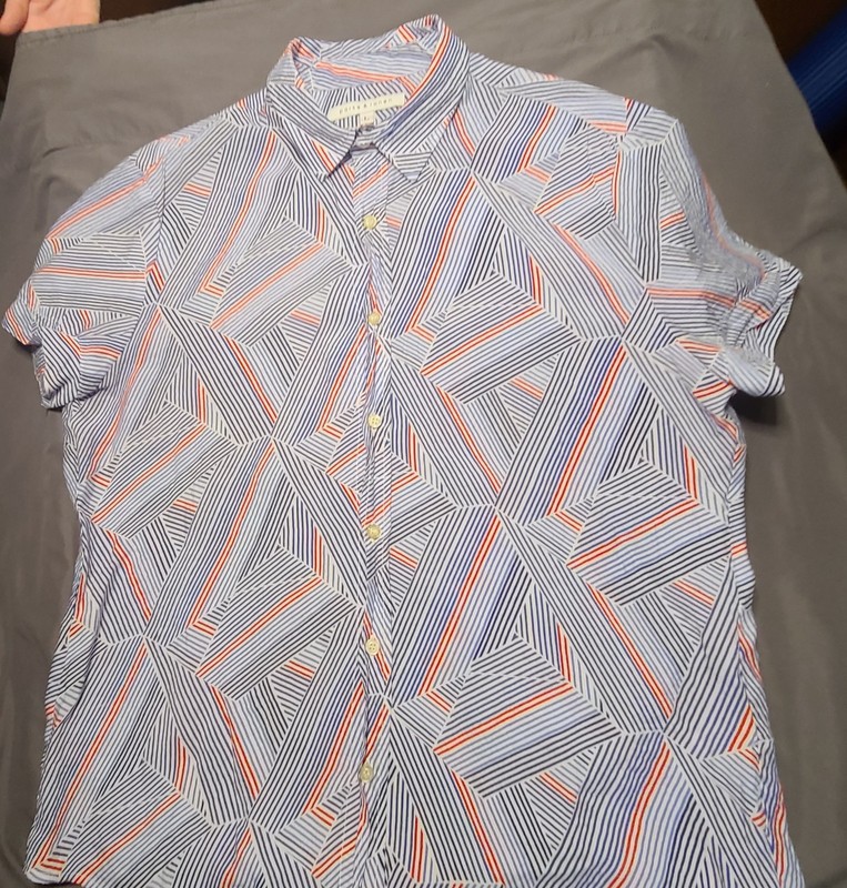 Parke & Ronen Men’s Short Sleeve Blue Geometric Stripe, Large, Button-Up Shirt