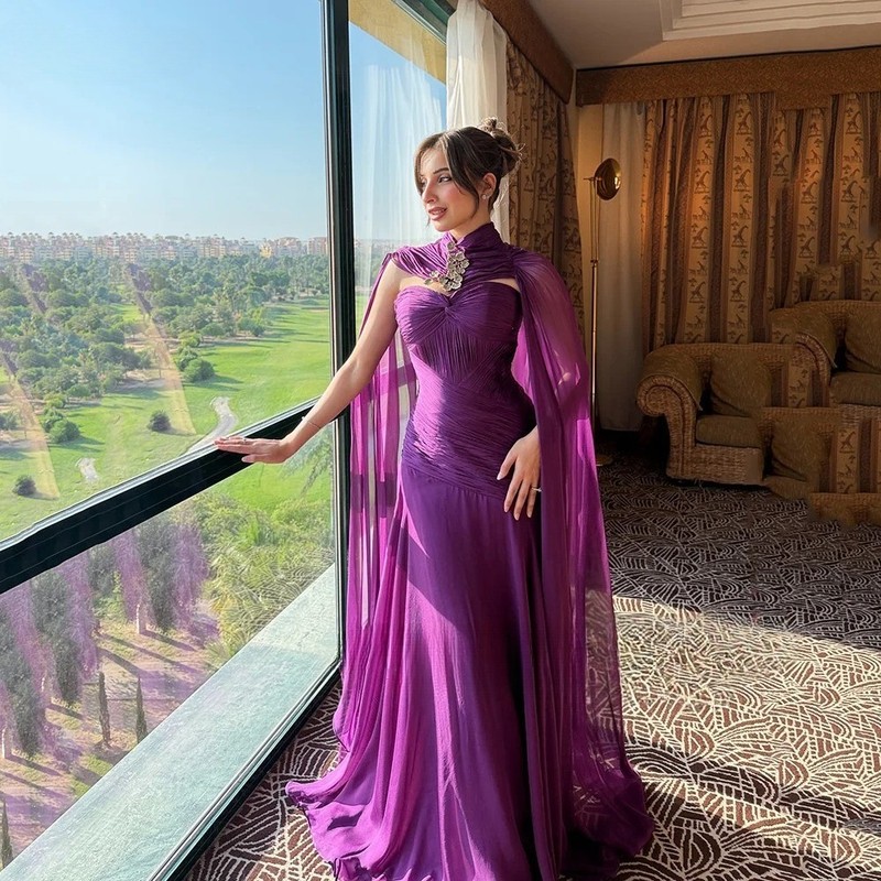 Chiffon Evening Dress Cape A Line Formal Occasion Dresses Beading Prom PartyGown