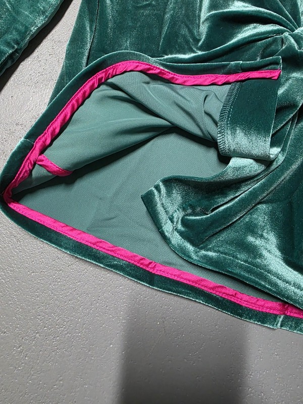 Gretchen Scott Twist & Shout Top Emerald Green Velvet Gold Button Pink Lining S gallery