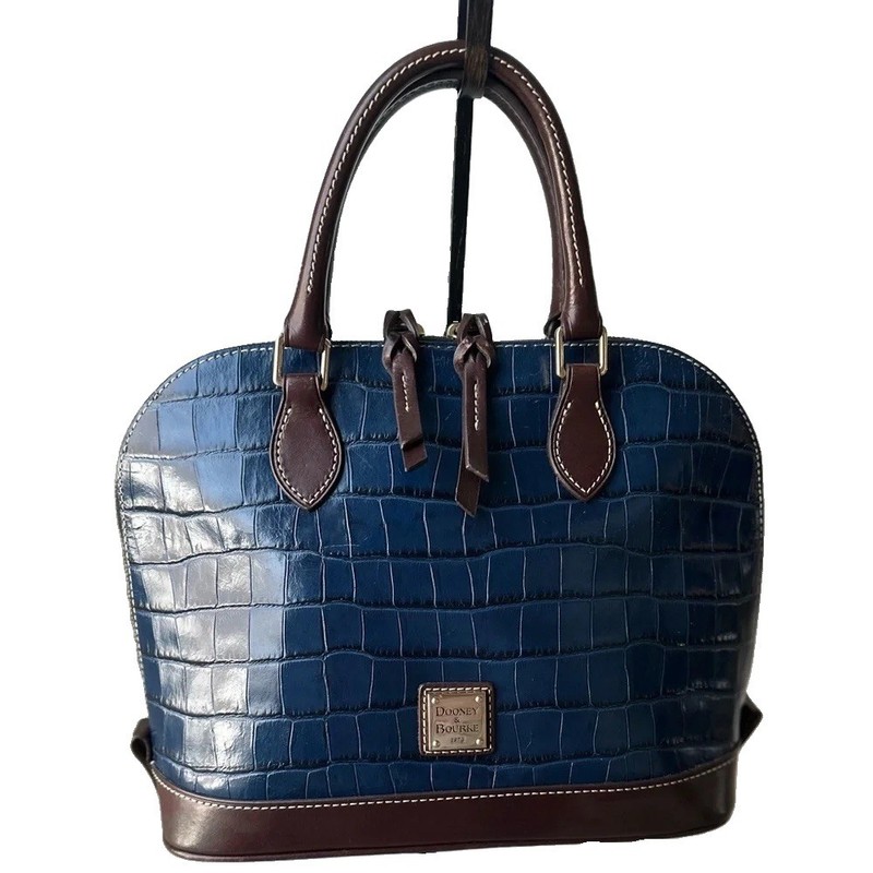 DOONEY & BOURKE Navy Blue Croc Embossed & Brown Leather Handles Satchel Purse