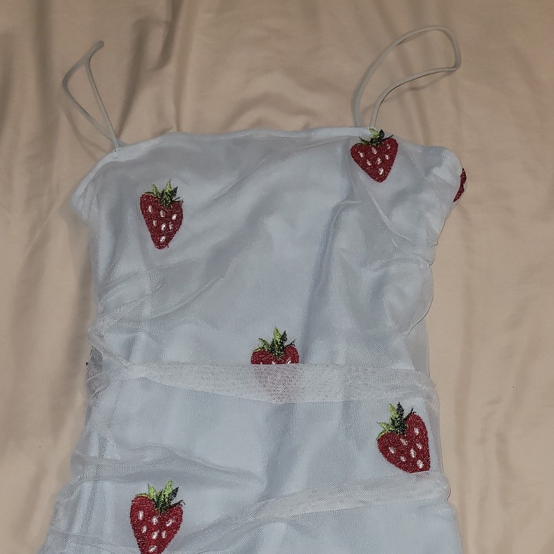rue21 Women’s S Light Blue Strawberry Mesh Mini Dress Square Neck Lined Stretch