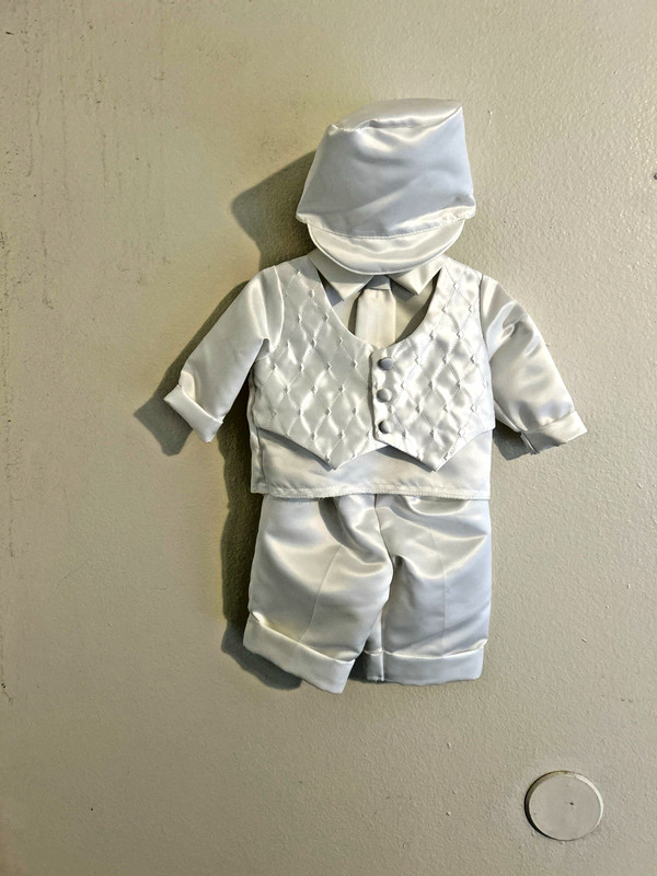 Boy Christening 3 pcs Formal White Tuxedo Suit Set 0-3 Months up to 12 lbs.