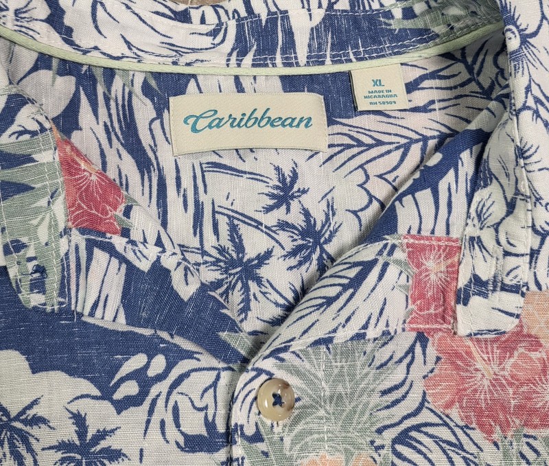 Caribbean Hawaiian Shirt Short Sleeve Blue Tropical Floral Beach Linen Blend XL gallery