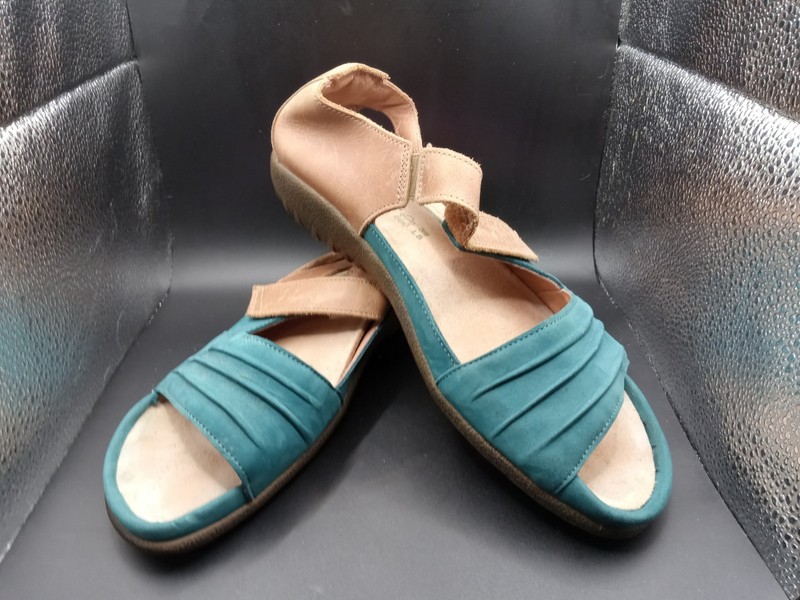 NAOT Papaki Teal Brown Open Toe Leather Sandals Hook & Loop Size 8 USA 39 EU