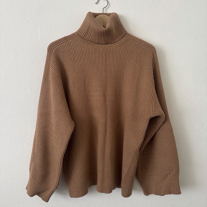 MNG Women’s Brown Ribbed Knit Turtleneck Pullover Sweater Long Sleeve M