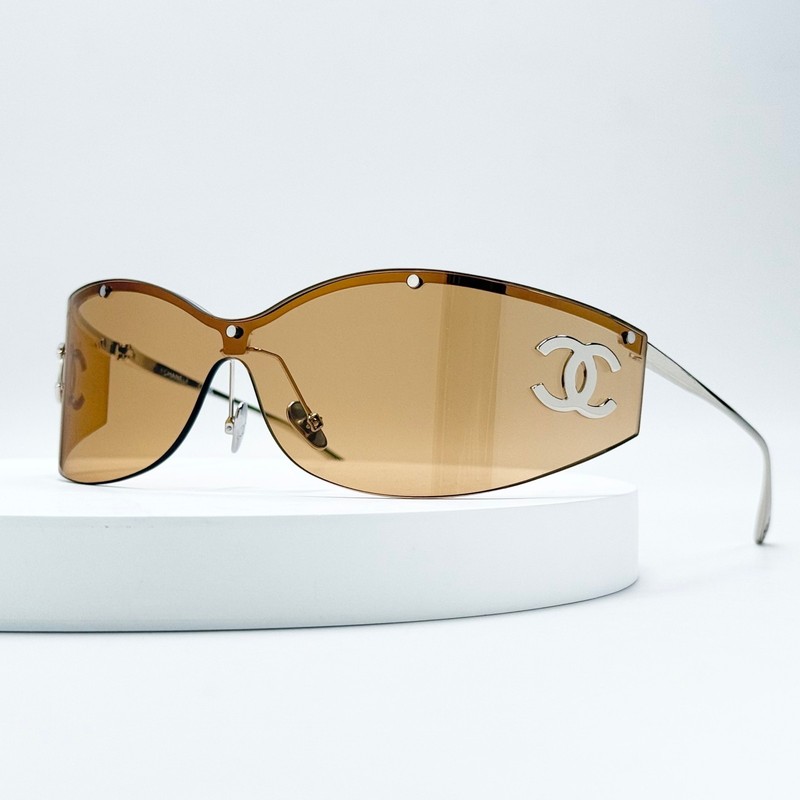 CHANEL CHA7187 Shield Sunglasses Silver Frame Brown Lens CC Logo Women