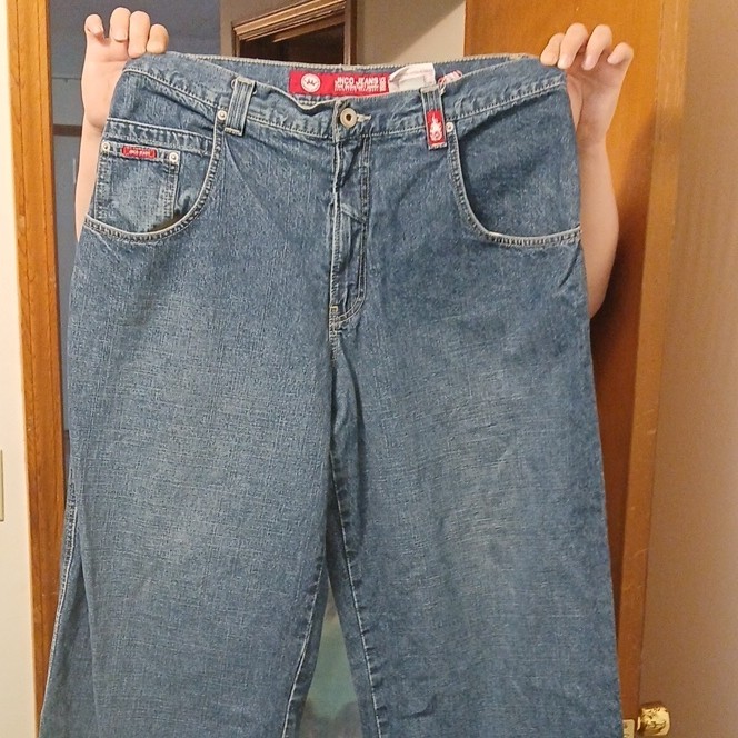 JNCO Men’s Blue Denim Wide-Leg Relaxed Fit Jeans Crown Embroidered 36