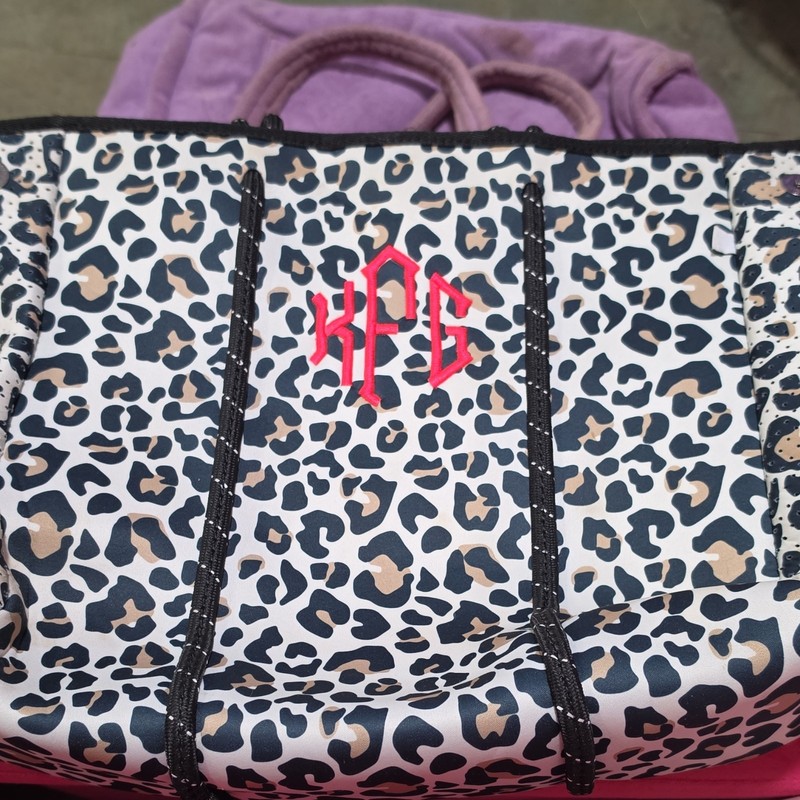 Women’s Leopard Animal Print Tote Bag, Embroidered Monogram, Drawstring, Rope
